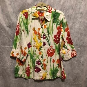 Chicos Floral Linen 3/4 Sleeve Blouse Large